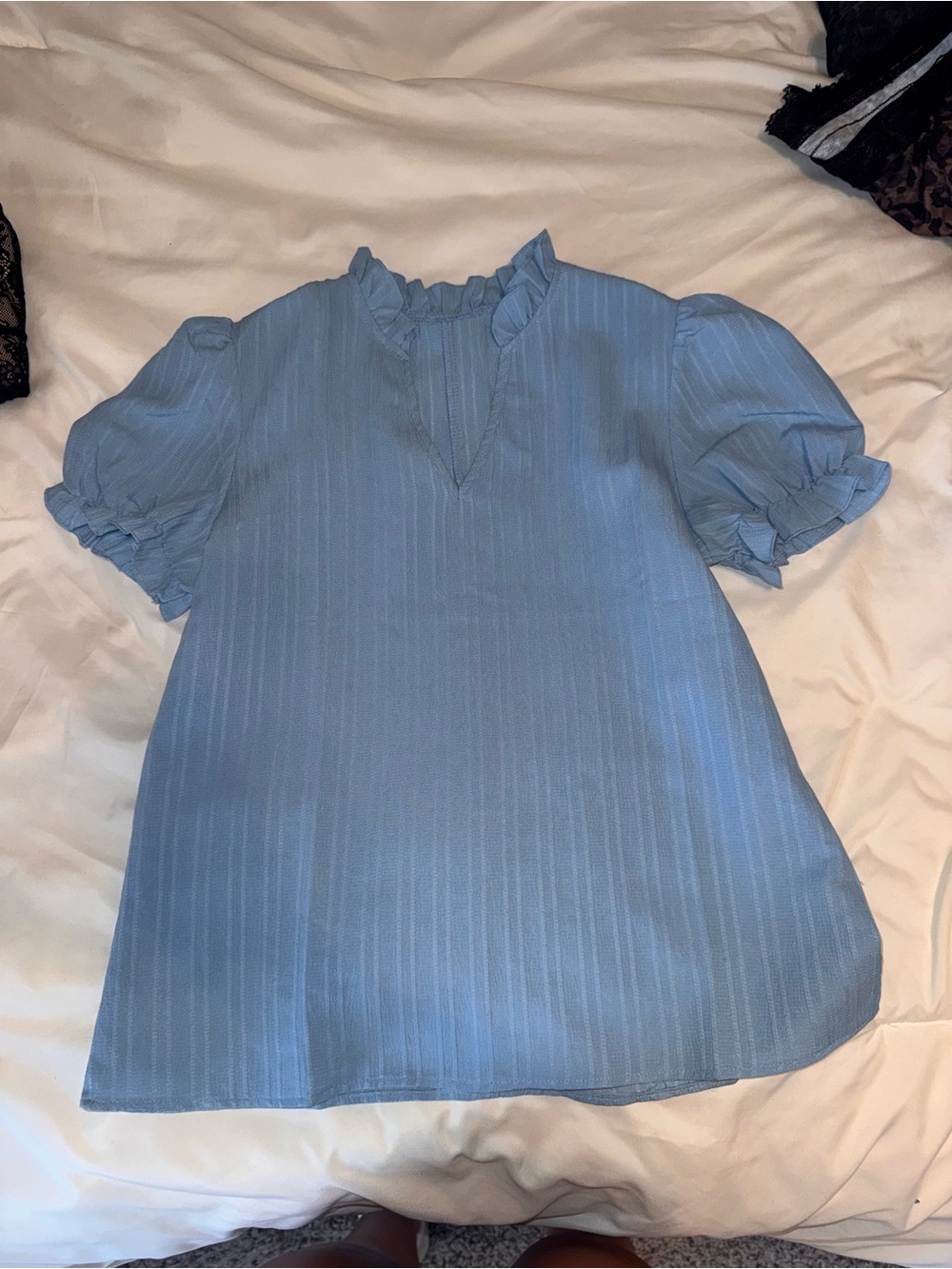 Light Blue Puff Sleeve Ruffle Neck Women's Top